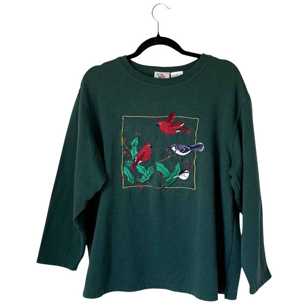 Nutcracker Sweatshirt Women XL Green Vintage Embroidered Birds Nature Holiday
